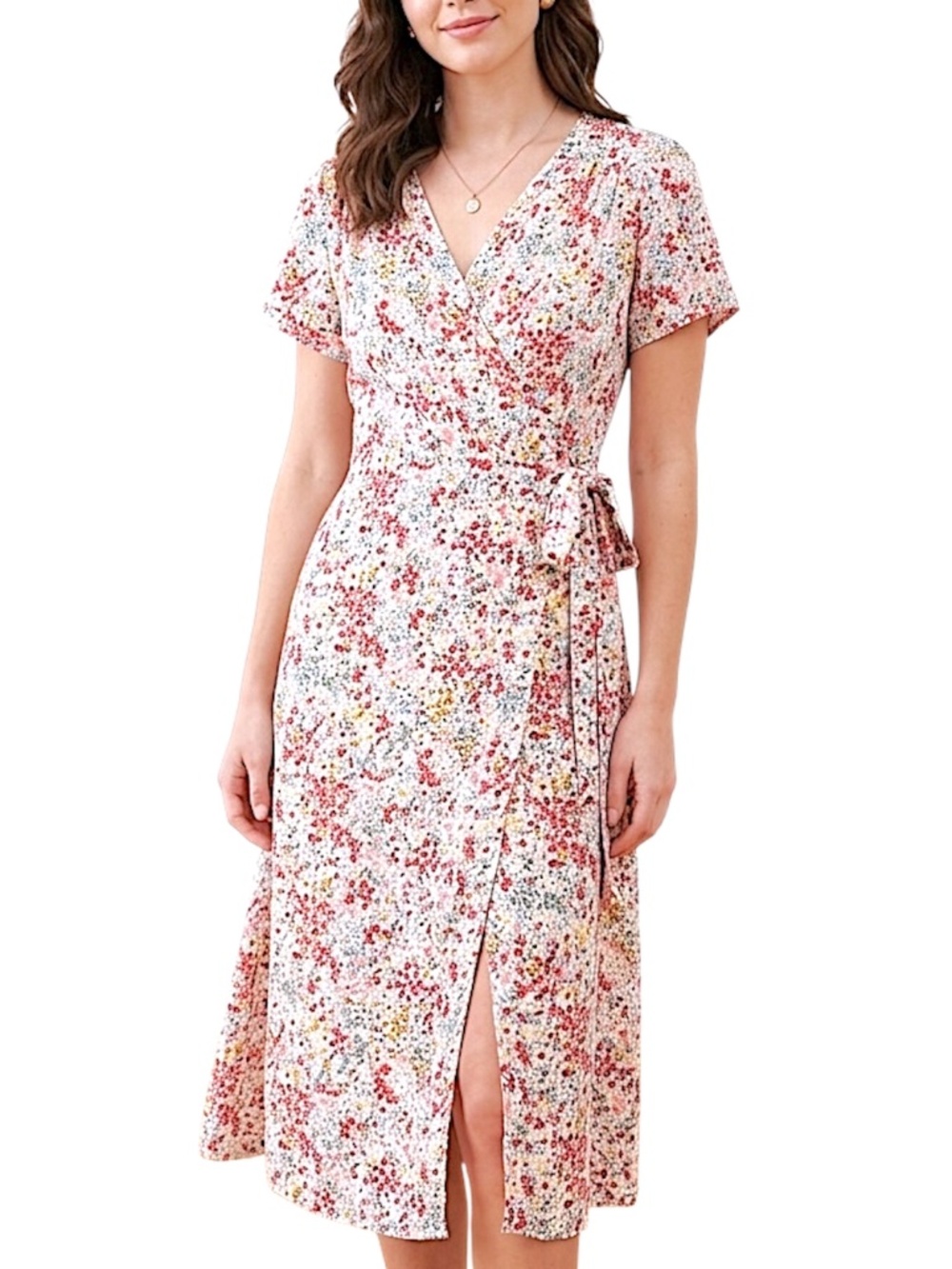Daily Story Montreal white floral cottagecore short sleeve wrap midi dress S